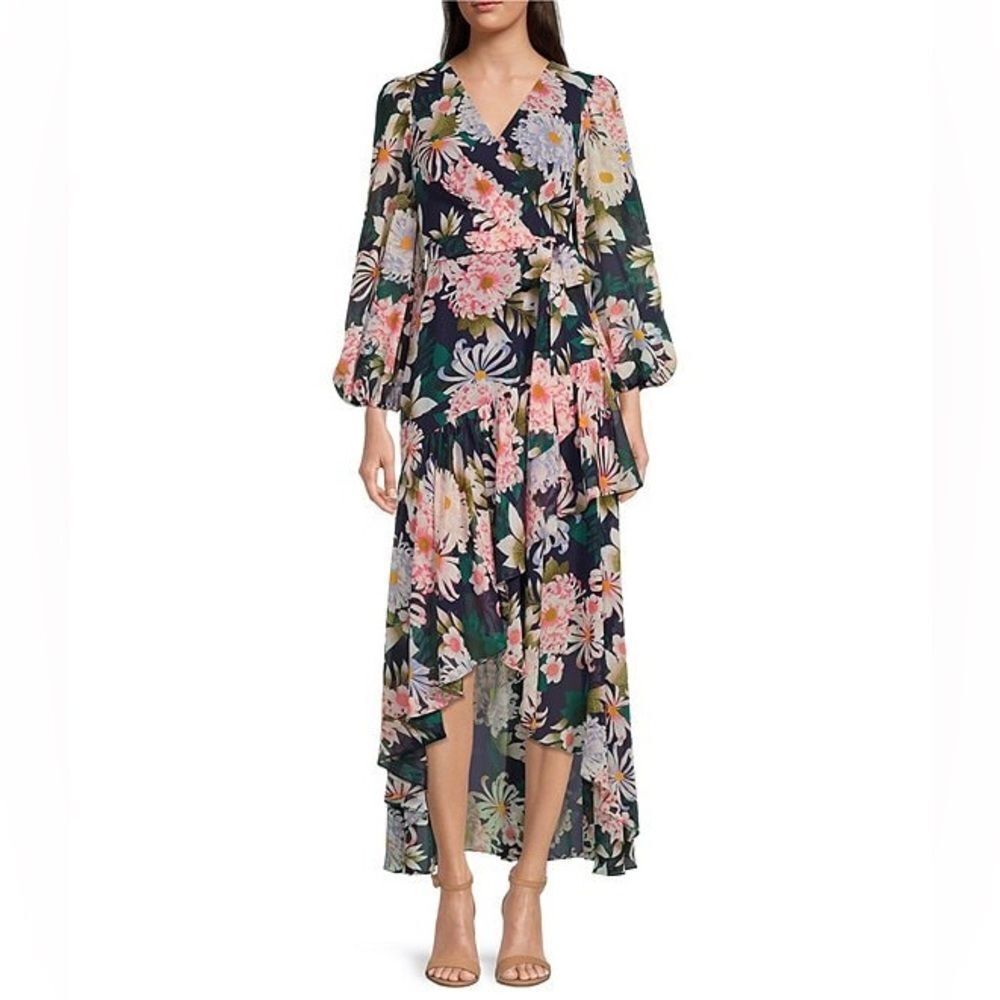Eliza J Floral Print 3/4 Balloon Sleeve Faux Wrap Hi-Low Maxi Dress - Picture 8 of 8